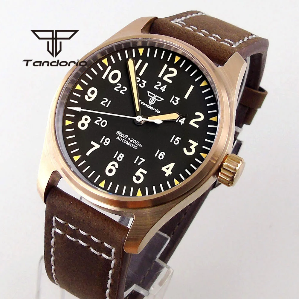 Tandorio Real Cusn8 Bronze Luxus 200M Diver Automatik Herrenuhr NH35 PT5000 Saphirglas Leder Schraubkrone Grün leuchtend