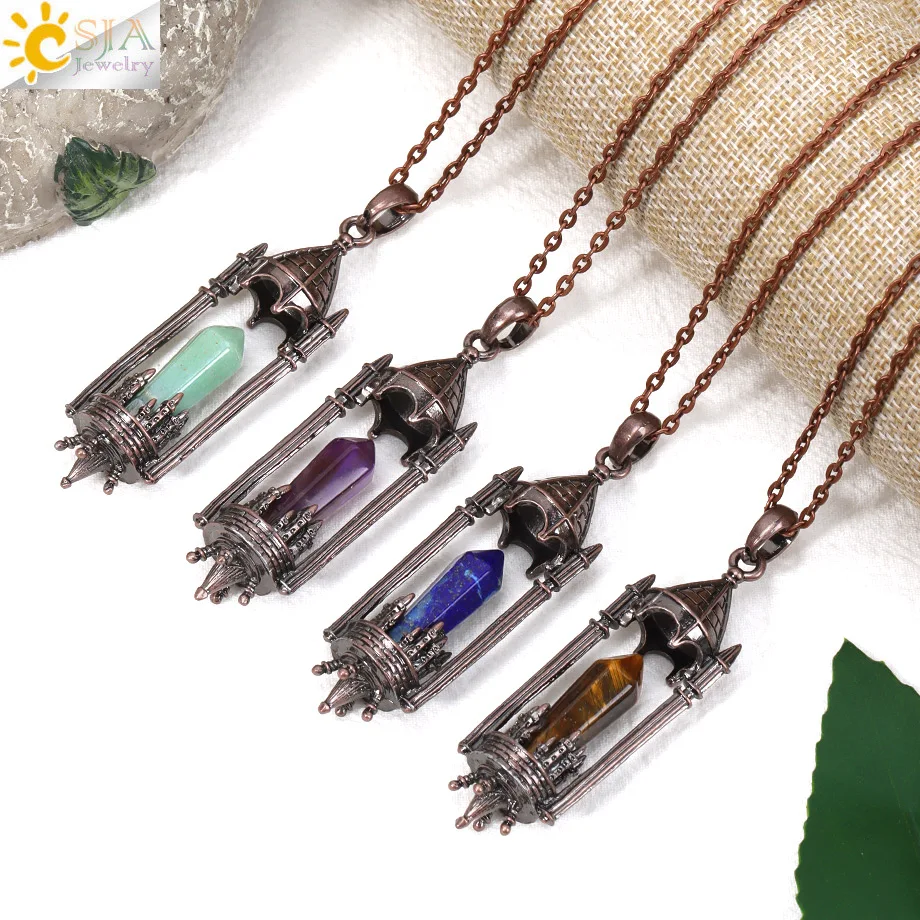 Colar com pingente de pedra natural CSJA, formato de lançador de foguetes, com ametistas e olho de tigre, para homens e mulheres, joia H815.