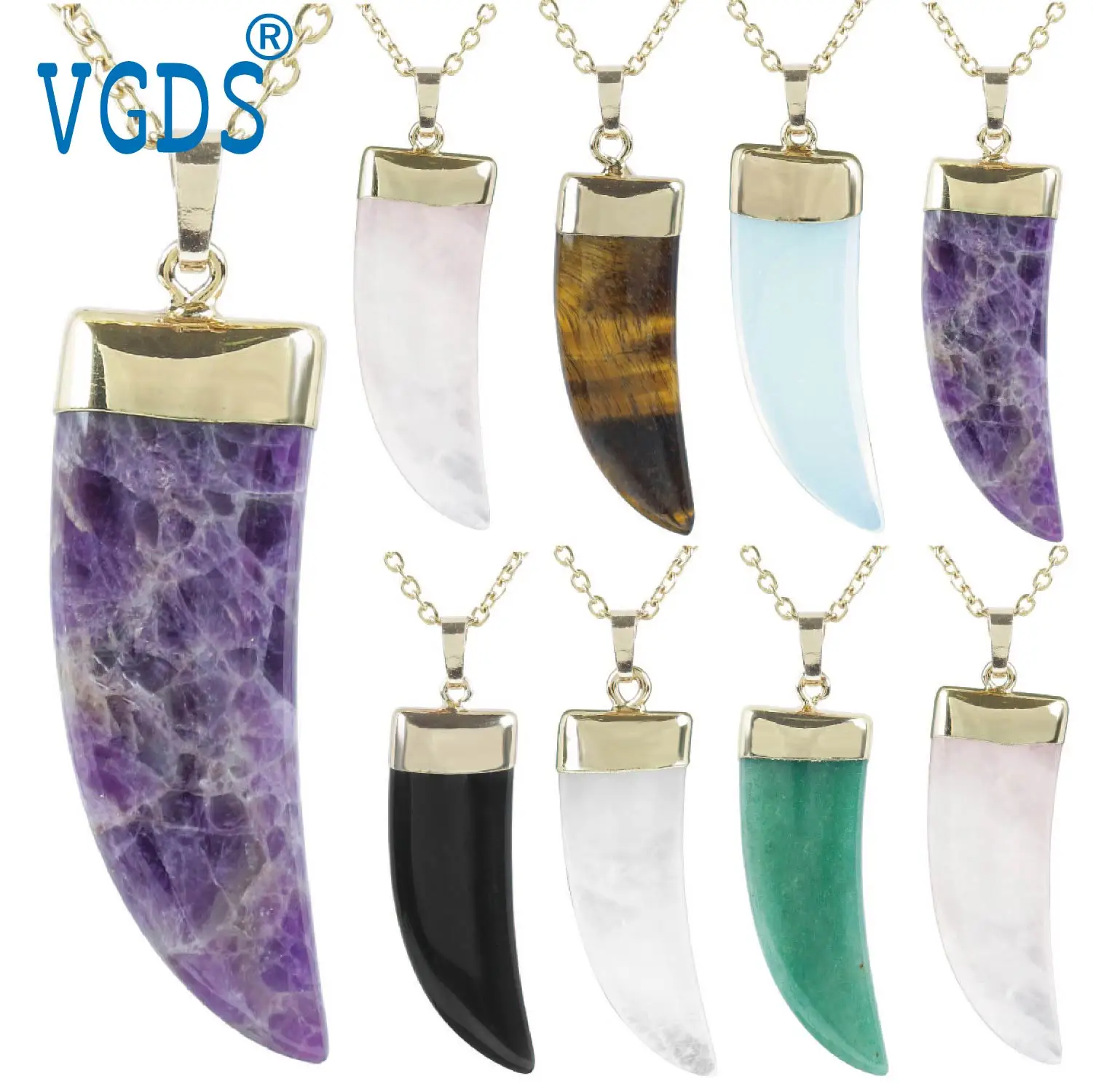 VGDS Natural Crystal Rose Quartz Amethyst Horn Wolf Teeth Pendants Personalized Charm Fashion Necklaces Gifts Men Women Jewelry