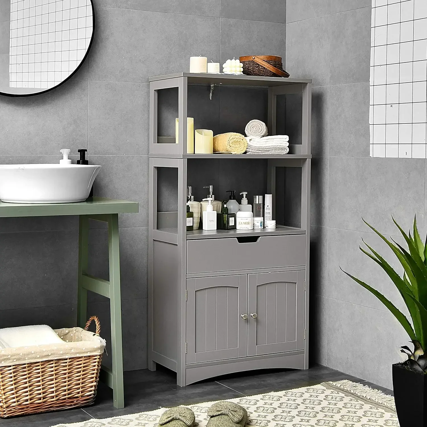 Bathroom Floor Cabinet with Drawer, 2 Open Shelves and Door Cupboard, Multipurpose Free Standing Storage Cabinet (Grey)