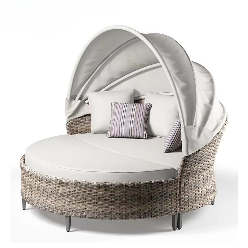 Patio Pool Round Sunbed With Canopy Adjustable Modern Wicker Aluminum Day Bed Chair White Sun Lounger Outdoor Rattan Daybed
