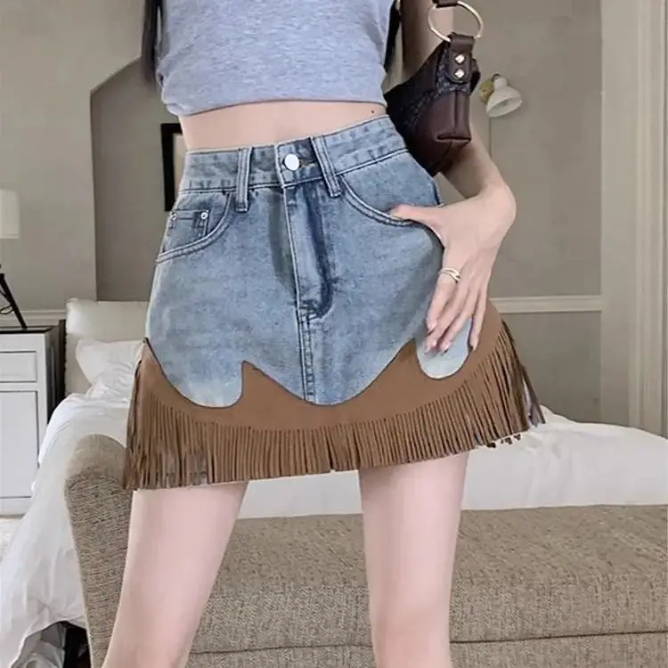 

Denim Skirt Spliced Contrast Color Irregular Tassel A-Line Mini Skirt High Waist Women'S 2024 Summer New Fashion Short Skirt