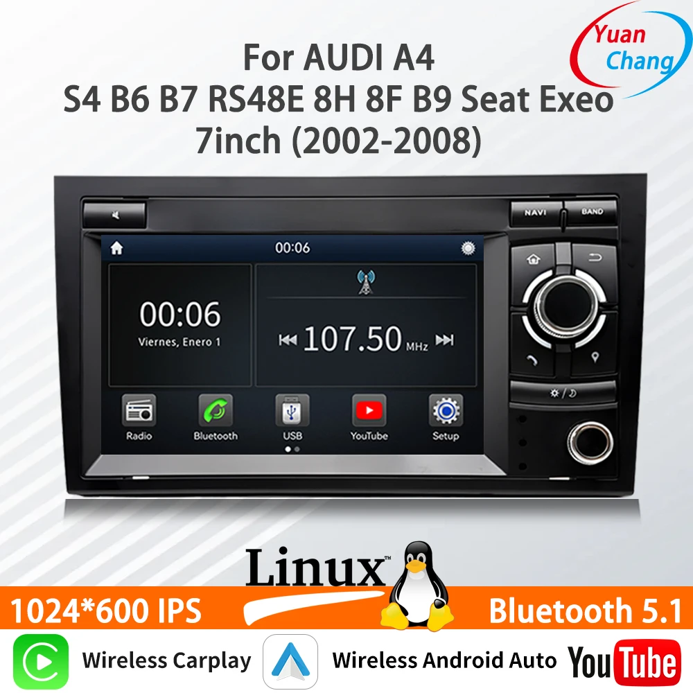 

Linux system For Audi A4 S4 B6 B7 RS48E 8H 8F B9 Seat Exed 7inch 2002-2008 Car multimedia player wireless CarPlay Auto BT YouTub