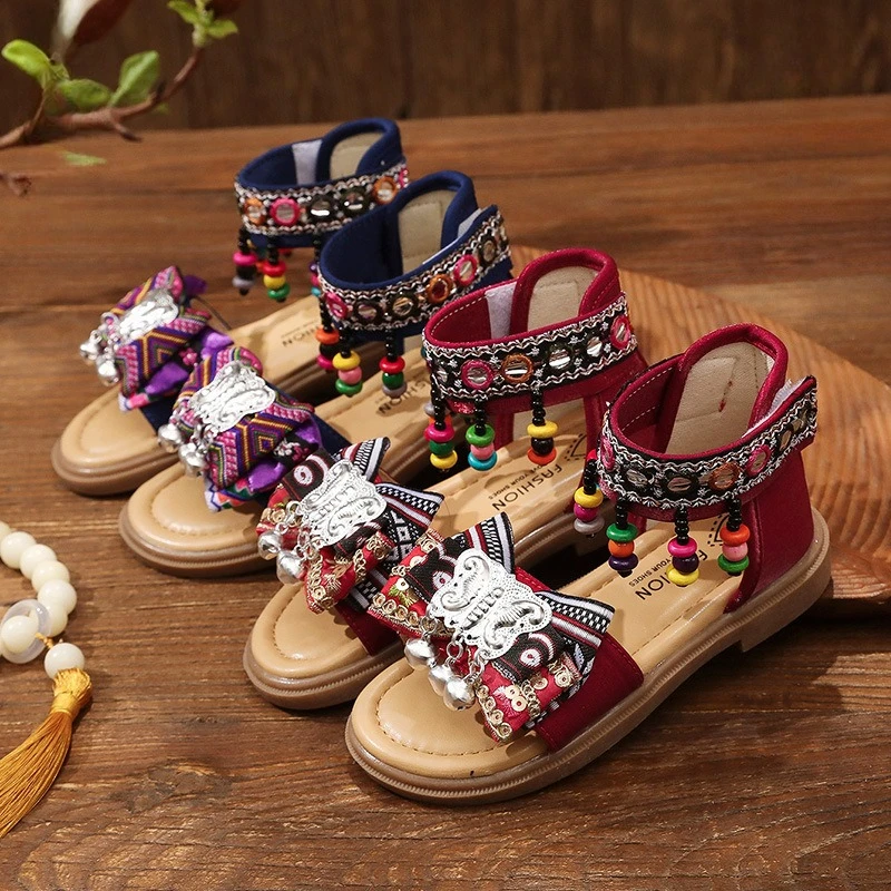 

National Style Girls Sandals Summer Retro Tassel Children Fashion Princess High-top Sandals Open-toe Dress Kid Gladiator Sandals
