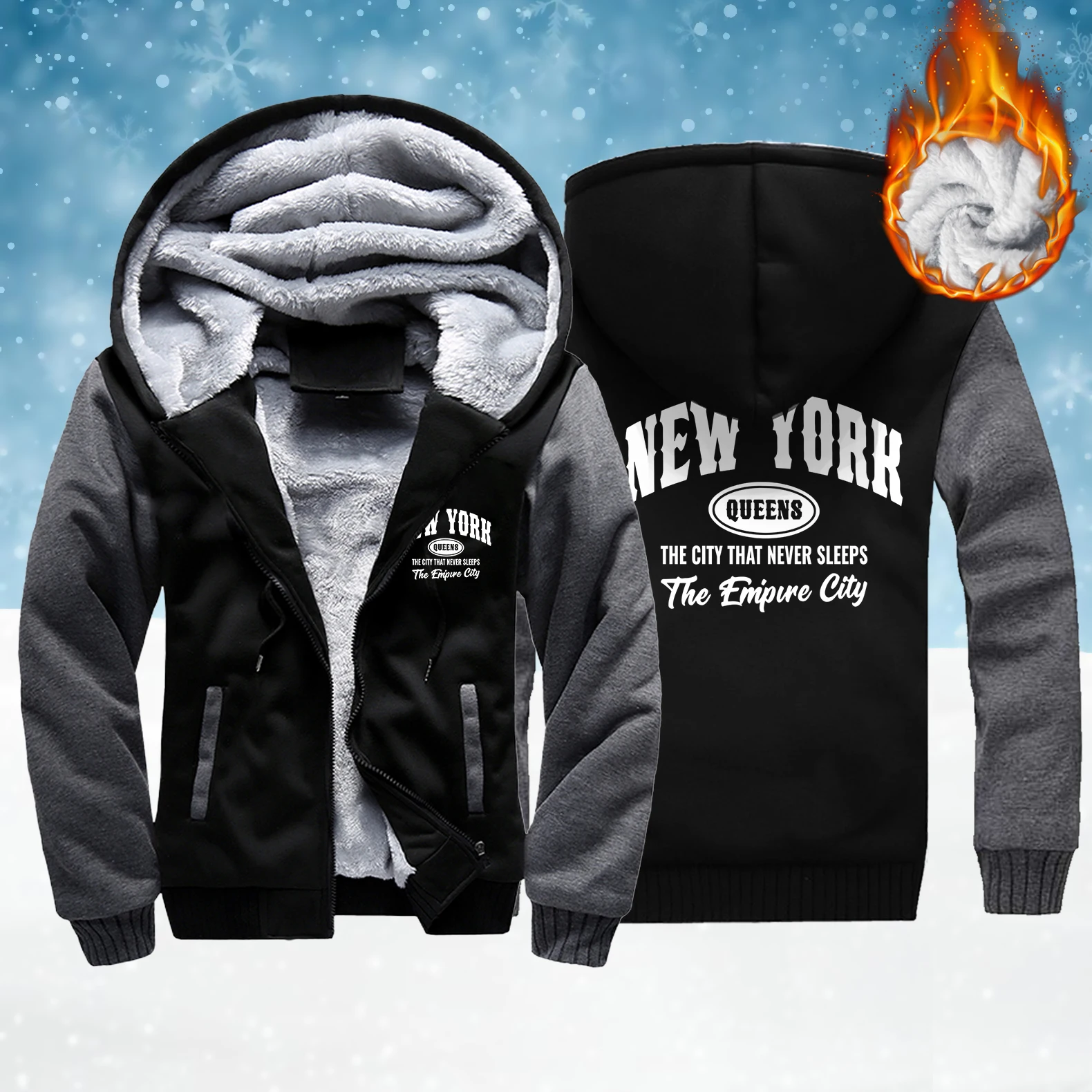 

New York Is A City That Never Sleeps Men Zipper Coat Fashion Loose Top Soft Thicken Hoodies Winter Fleece Male Long Sleeve