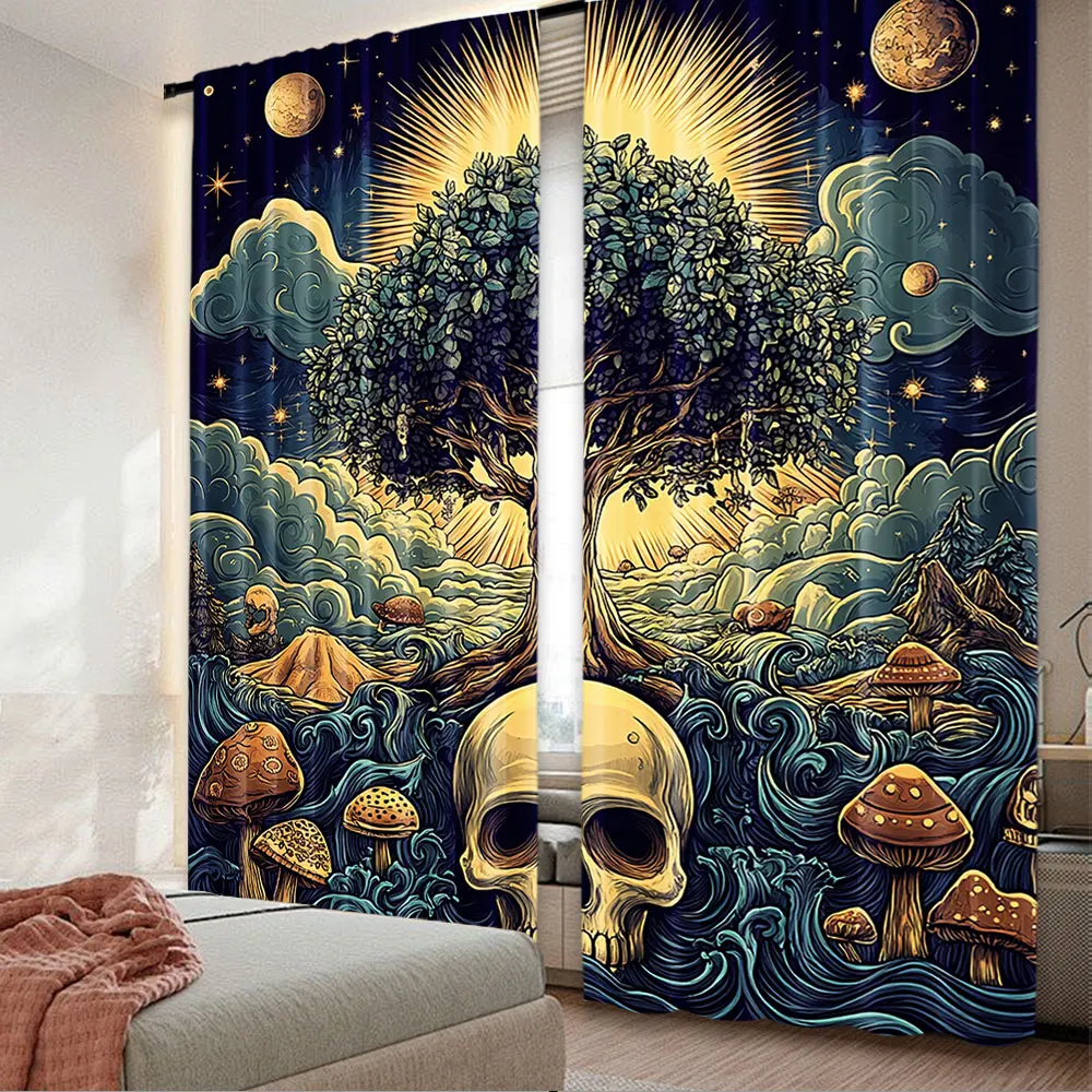 

2Pcs Bohemian Night Curtain Mushroom Skull Ethnic Sun Waves Trees For Bedroom Living Room And Dining Room 29.53X65.35In,