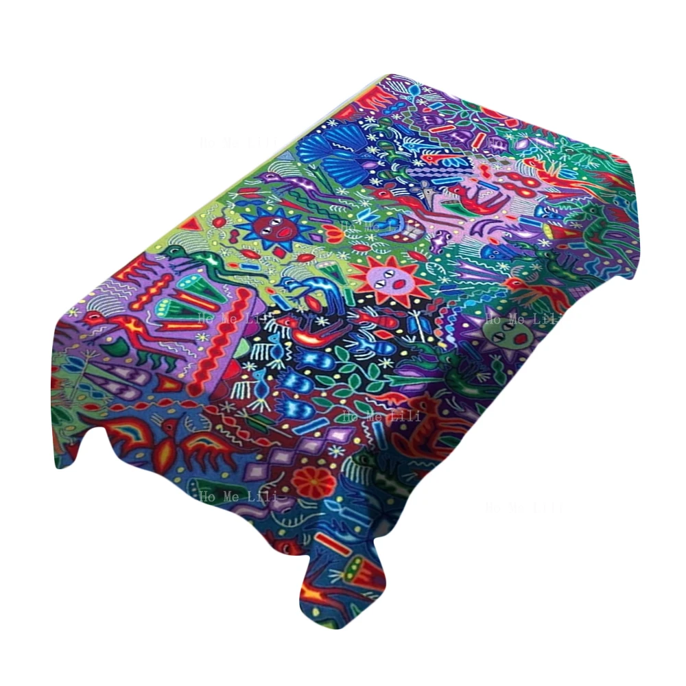 Huichol Yarn Painting Culture Symbology Mexican Folk Art Wixarika Extraordinary Artwork Polyester Fabric Tablecloth