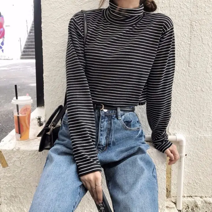 Woman TShirts Striped Turtleneck Female Fall/Winter Slim Upper Clothes Long Sleeves T-shirt Crop Top Mujer Camisetas
