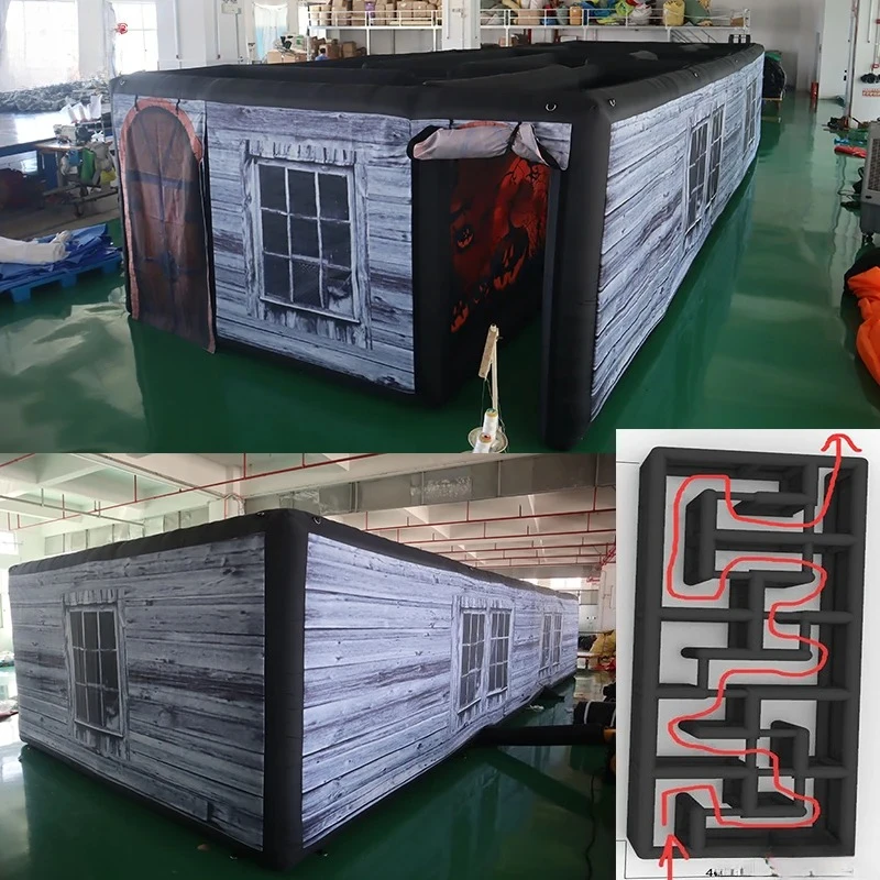 Fast Air Ship 11x4m Custom Made Inflatable Halloween Haunted House Maze Blow Up Air Labyrinth Maze Challenge Game with Blower
