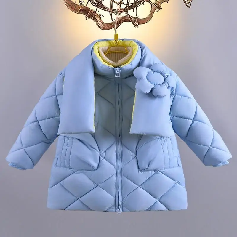 

Детская хлопковая куртка среднего и длинного цвета, корейское издание, поставляется с цветочным шарфом, воротником-стойкой, 2025 г., легкие, тонкие для девочек