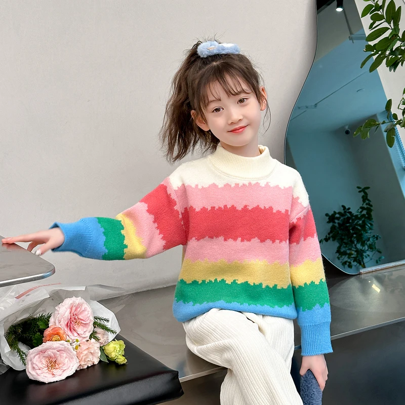 귀여운 소녀 다채로운 무지개 줄무늬 스웨터, 귀여운 아기 키즈 니트 의류, 패션 어린이 하이 스트리트 니트웨어, 4-14 세
