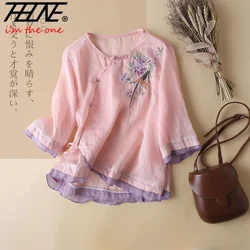 Summer Women's Clothing Shirts Blouse Blusa Mujer Camisas Elegant and Youth Cotton Linen Vintage Casual Button Embroidery O-Neck