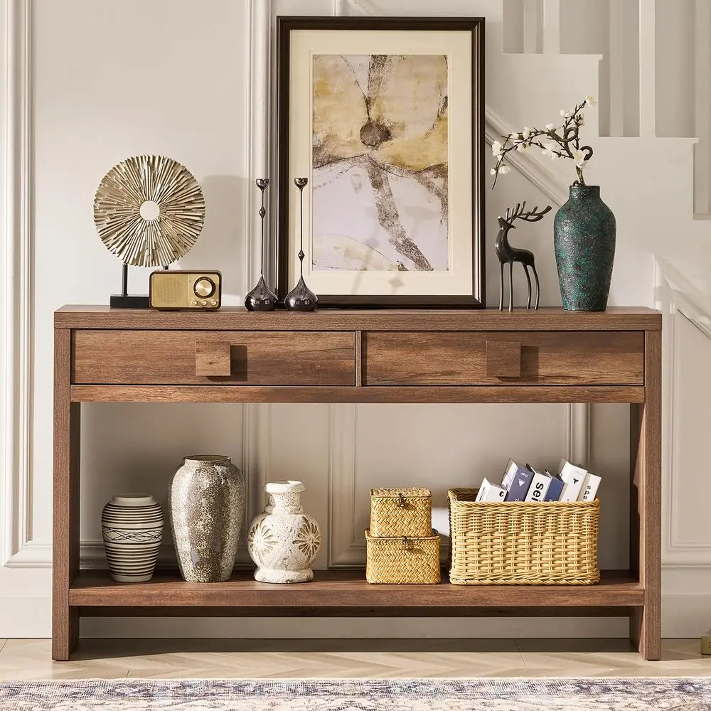 

Console Table with Drawers, 55 Inch Narrow Entryway Table with Open Storage Shelves, Mid Century Modern Hallway Accent Tables B