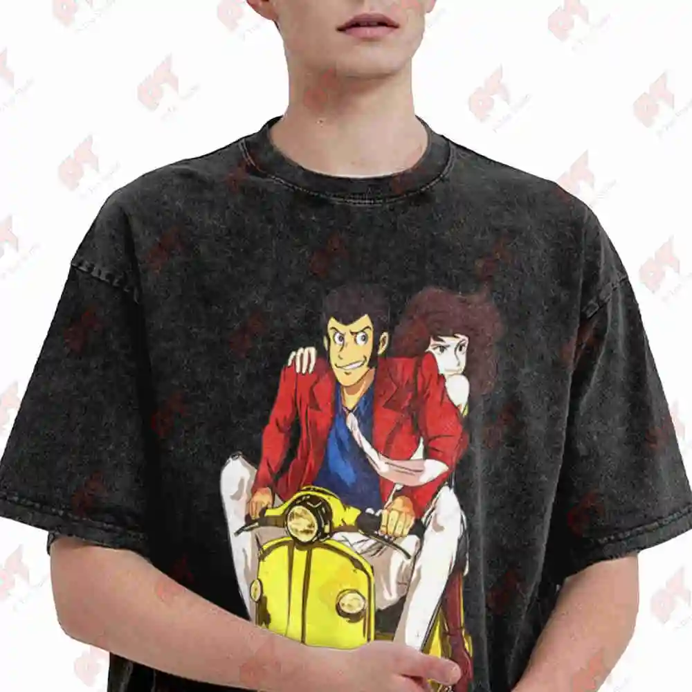 Lupine III Margot Anime Manga Japanese Text Vintage Washed Tee Pure Cotton T-Shirt