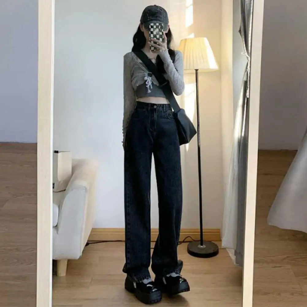 

Wide-leg Women Jeans Stylish Women's High Waist Wide Leg Jeans with Multi Pockets Button Zipper Closure Casual Streetwear for A