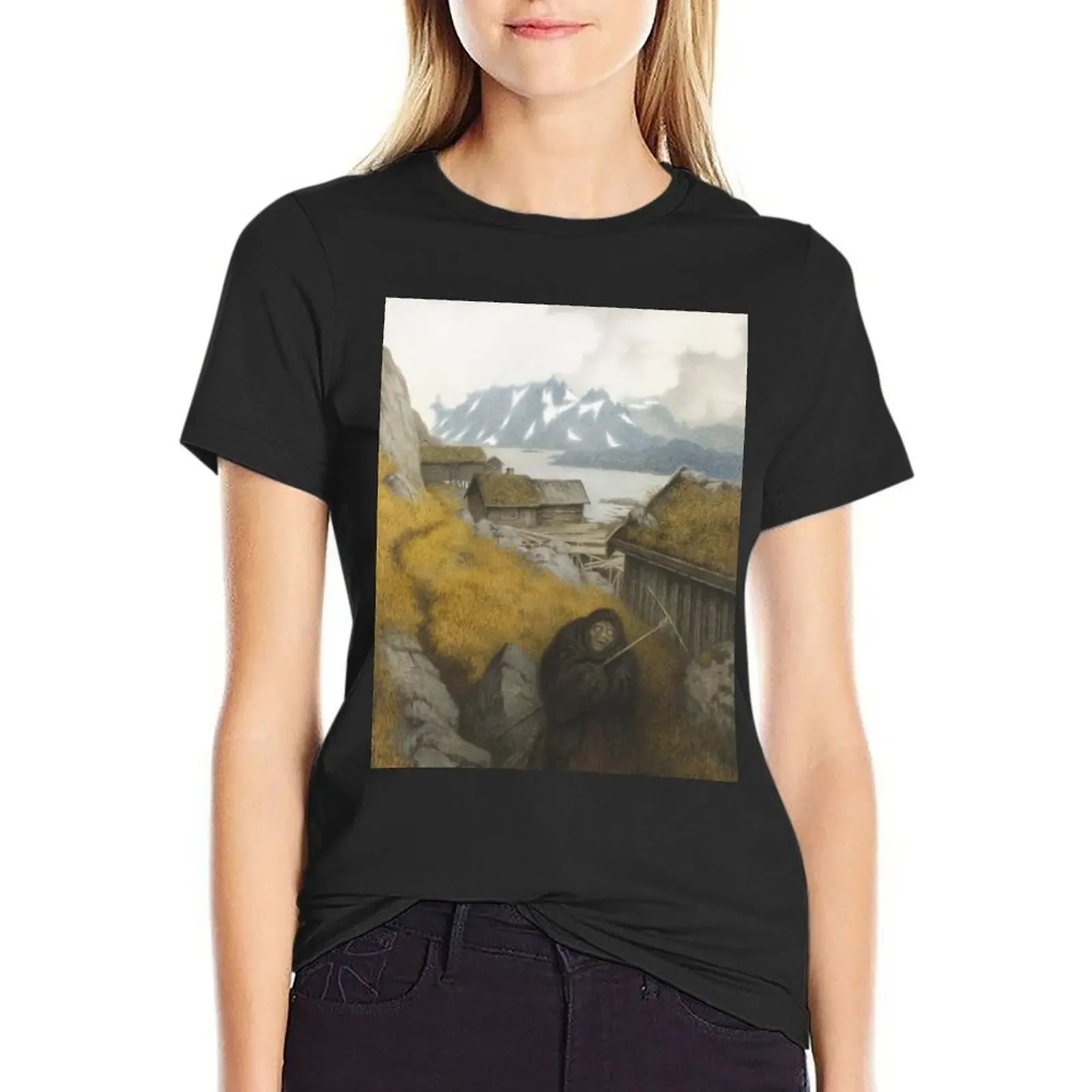 

She covers the whole country by Theodor Kittelsen, 1904 T-Shirt anime Aesthetic clothing oversized black t shirts for Women
