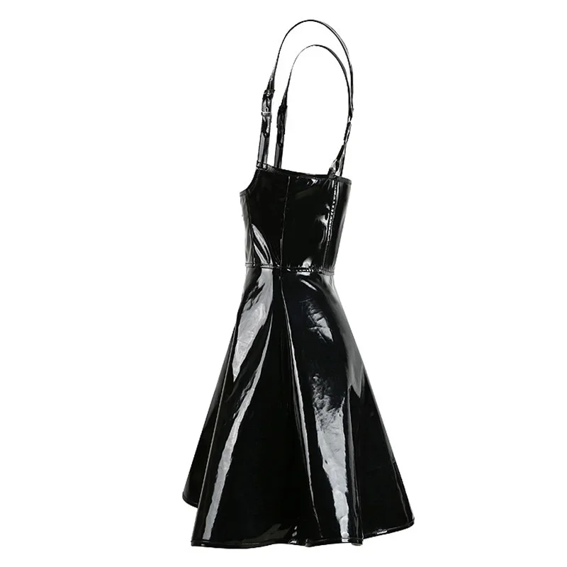 Black Sexy Halter Wetlook PVC Clubwear Women Bodycon Suspender Mini Dress Steampunk Zipper Shiny Leather Costumes