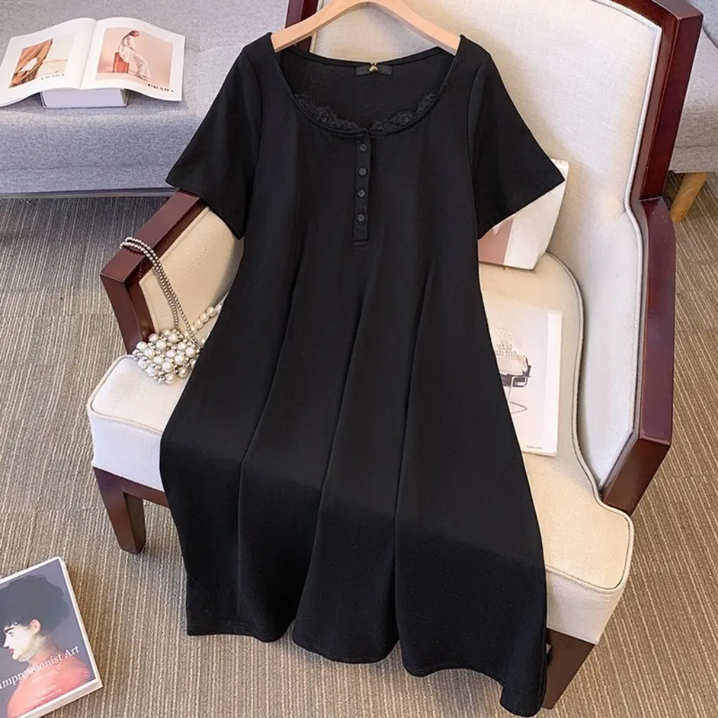 

Очень большое женское платье с круглым вырезом для полных девочек, однотонное, облегающее, черное, летнее, тонкое, свободное, в стиле Джокера