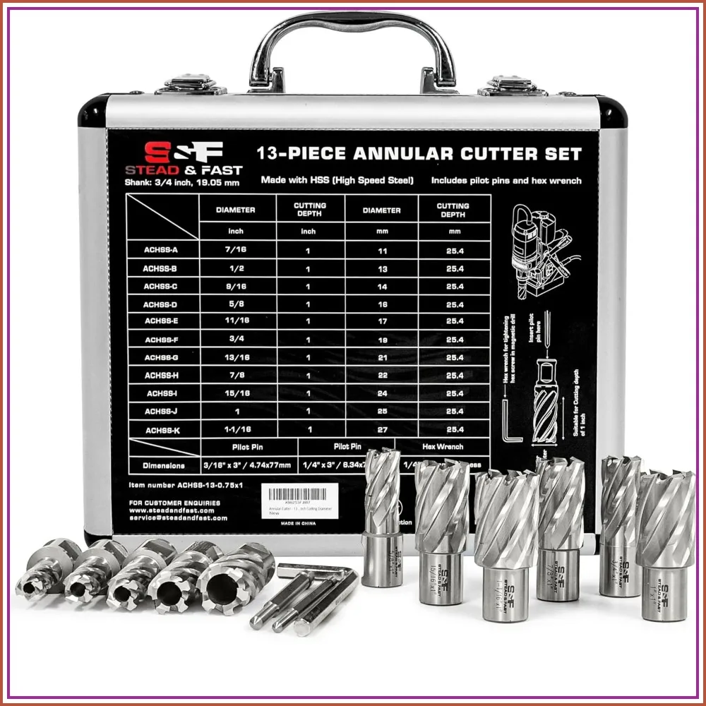 

13 Pcs Annular Cutter Set, Cutting Depth 1", Diameter 7/16" to 1-1/16", Mag Drill Bits Kit with 2 Pilot Pins
