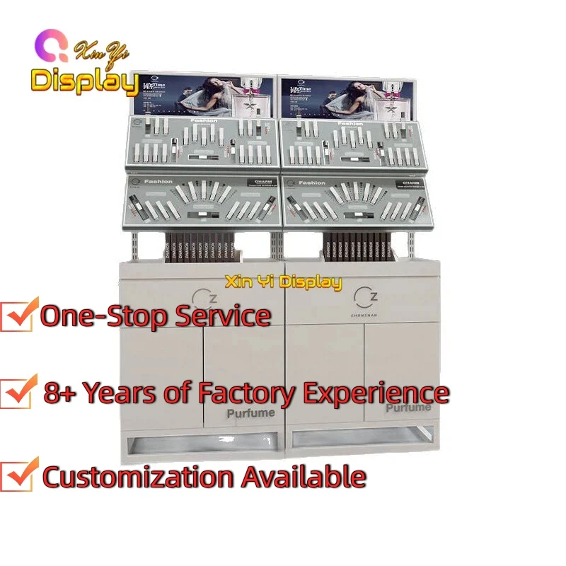 custom.Luxury Custom Perfume Table Display High-End LED Lighting Stainless Steel Modern Display Stand White Custom