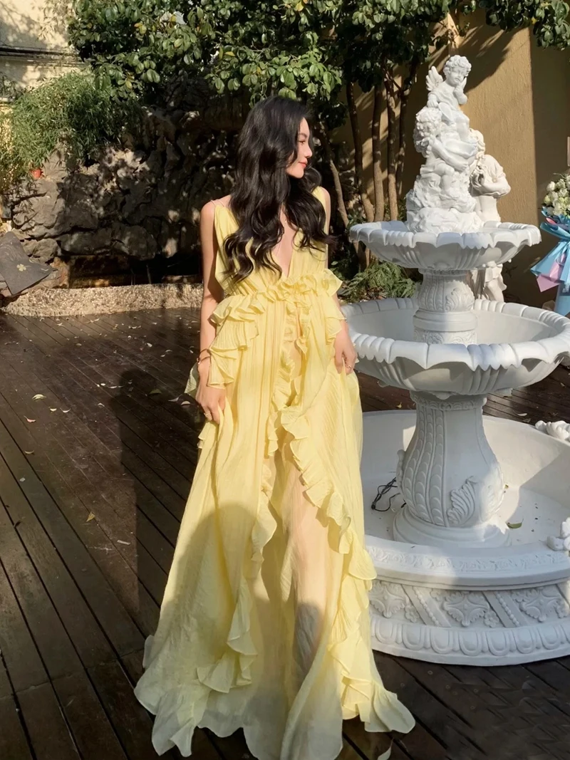 섹시한 노란색 휴가용 드레스 딥 V 백리스 생일 선물 부드러운 폴리에스터 여름 하이웨이스트 A라인 스커트 민소매 V넥 드레스
