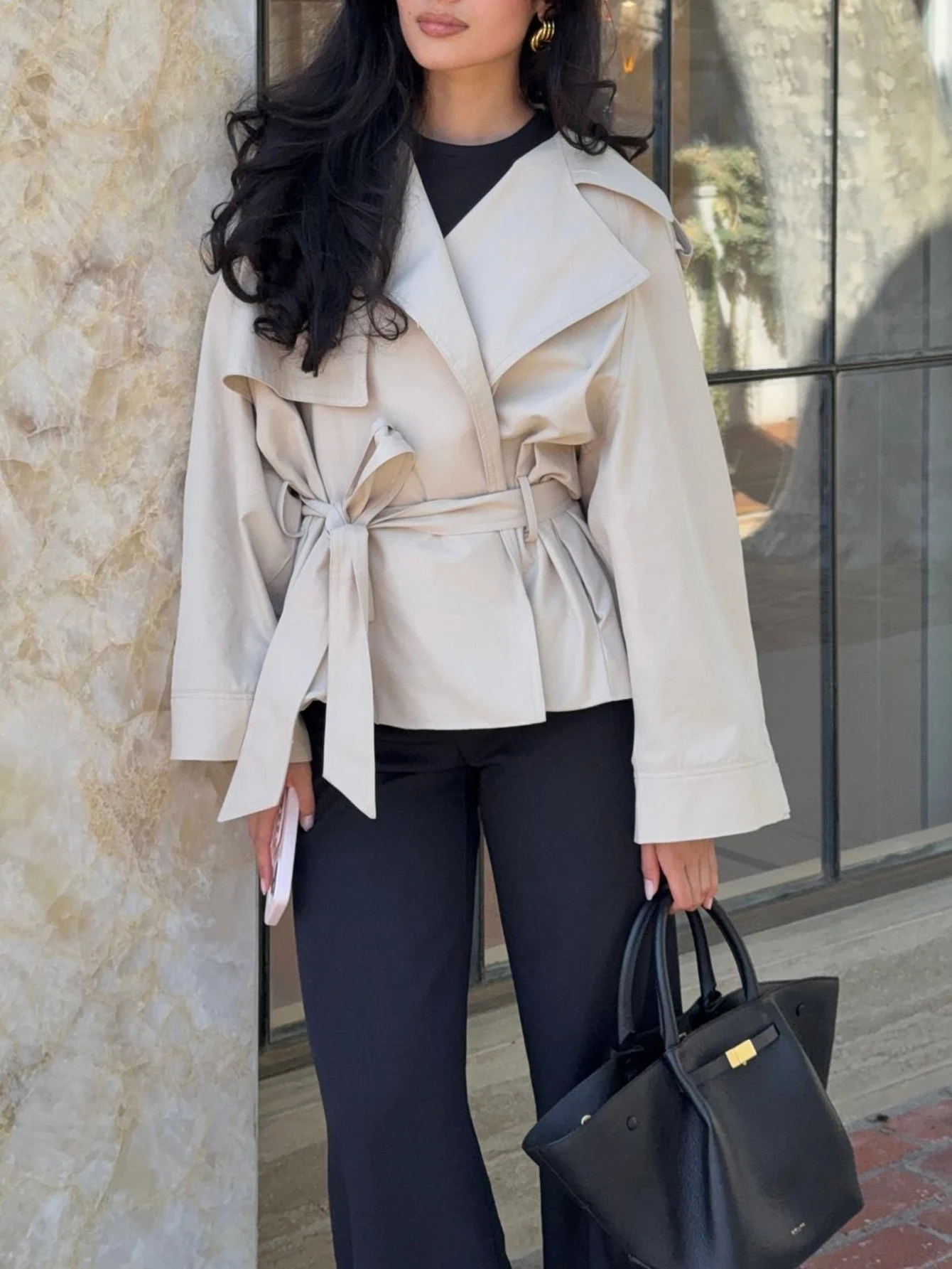 معطف نسائي طويل للخريف والشتاء كاجوال أساسي عادي وطية صدر السترة وأربطة وأكمام ملابس خارجية عصرية يومية