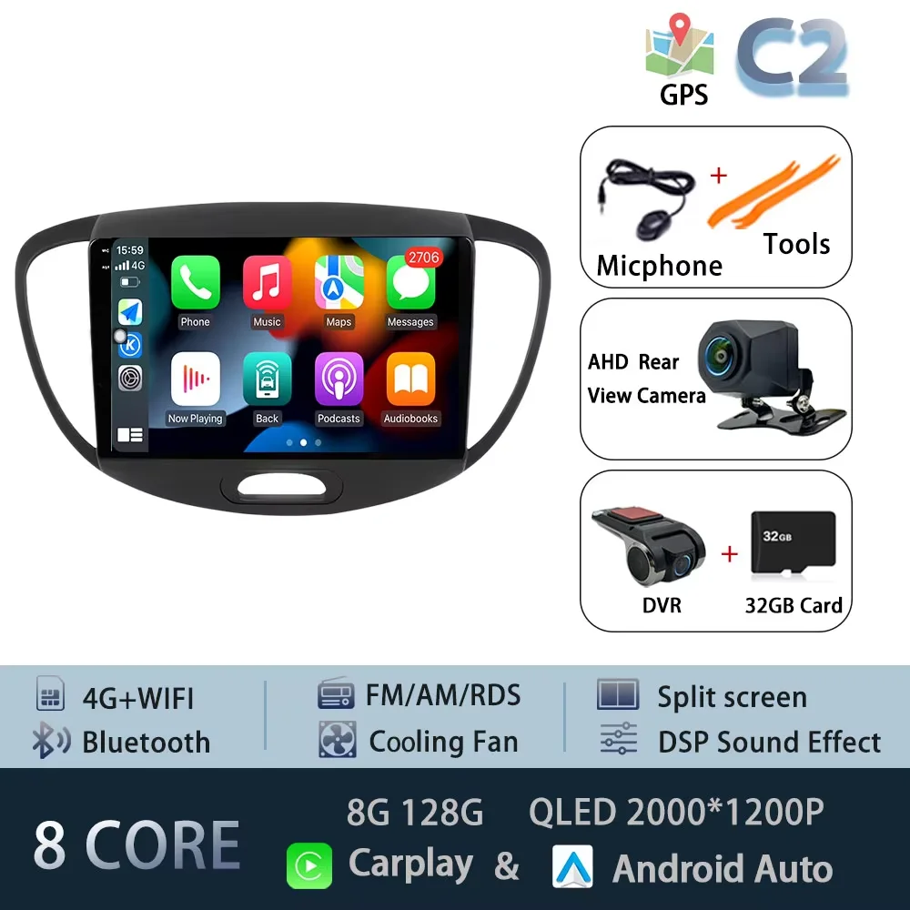 Android 15 Carplay Auto Radio Voor Hyundai I10 2007-2013 CarPlay Auto GPS Recorder Multimedia video Speler 4G + WiFi DSP