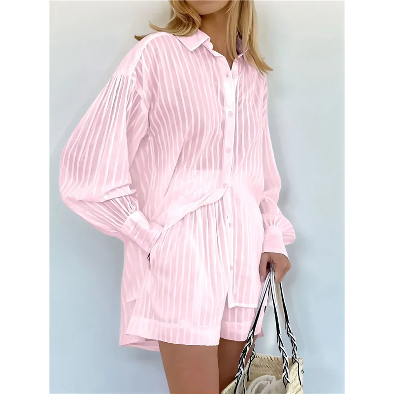 A09P 2 Piece Outfits Button Down Shirt Top And Shorts Casual Lounge Sets