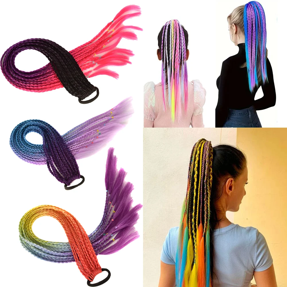 Rabo de cavalo sintético de 24 polegadas, cor gradiente, trança suja, com faixa de borracha elástica, extensão de cabelo, caixa de arco-íris, rabo de cavalo trançado para meninas