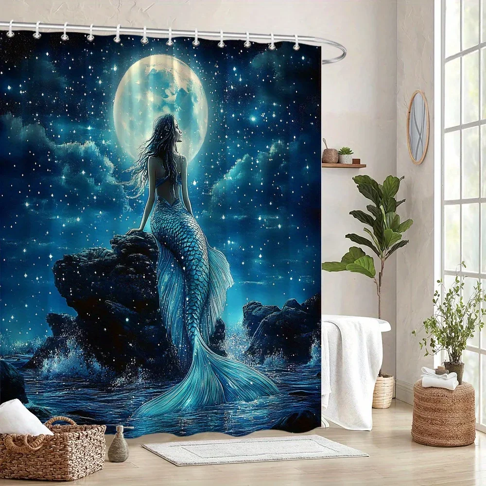 Ethereal Mermaid Under Full Moon Shower Curtain - Shimmering Turquoise Tail, Starry Night & Ocean Waves, Dreamy Fantasy Art