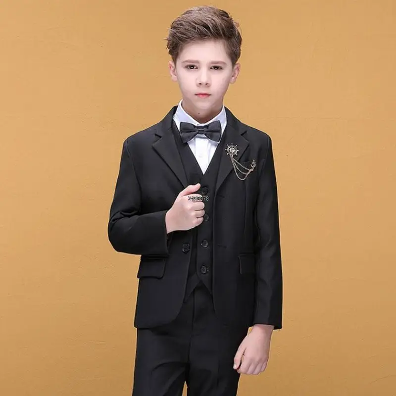 

Boys Black Wedding Party Suit Kids Host Jakcet Vest Pants Birthday Suit Children Photograph Dress Child Performance Show Costume