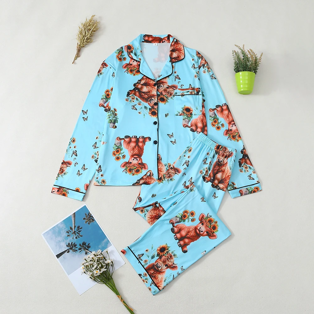 

2Pcs Women's Pyjama Suit Cute Animal Patterns Homewear Button Down Collar Long Sleeve Elastic Waist Long Pants Sleepwear