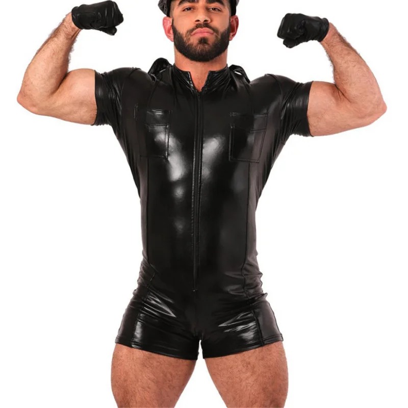 

Mens Bodysuits PU Leather Catsuit Zip Short Sleeve Leotard Wrestling Singlet One-piece Jumpsuit Party Night Clubwear With Gloves