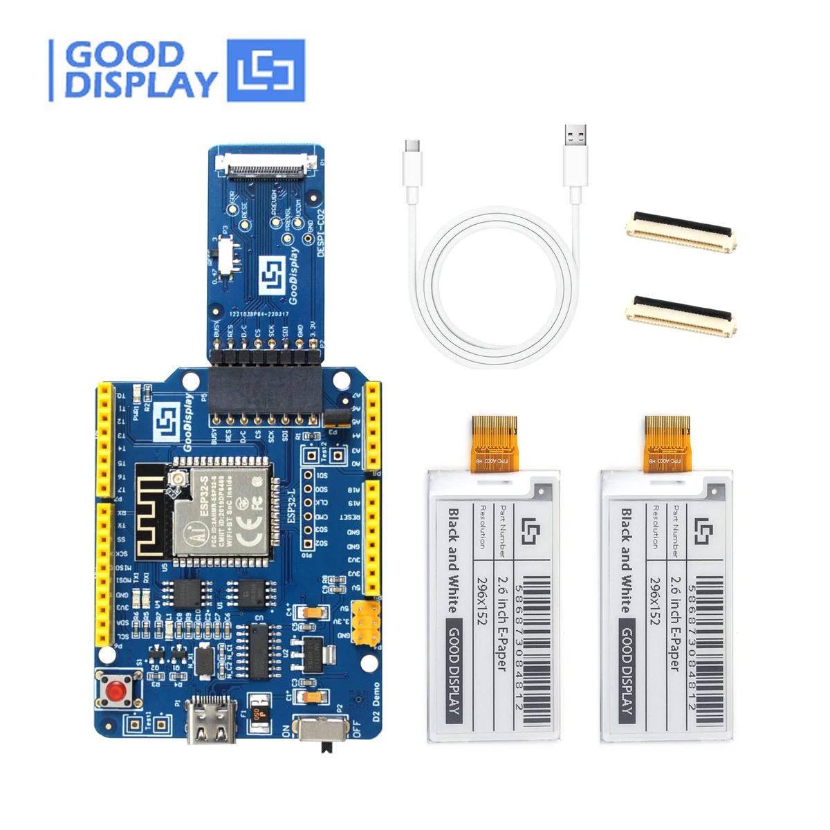 ESP32 Platform 2.66 Inch E Ink Paper with 296x152 resolution, 2pcs GDEY0266T90 with ESP32 Demo Kit