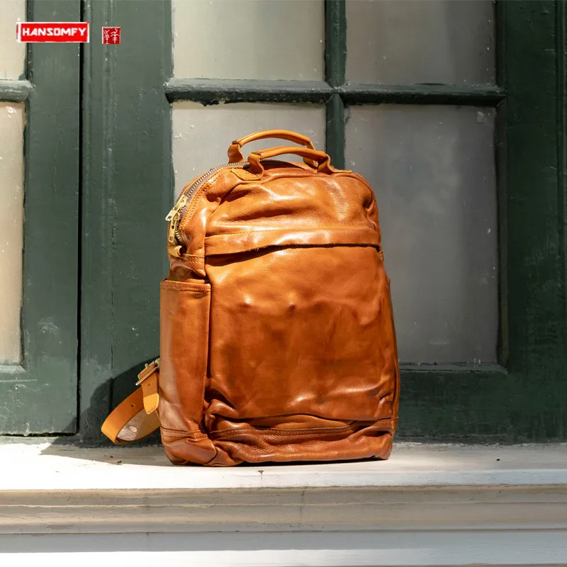 

Retro cowhide Leather Men Backpack school laptop bag travel backpack men's heavy industry old vegetable tanned leather bags