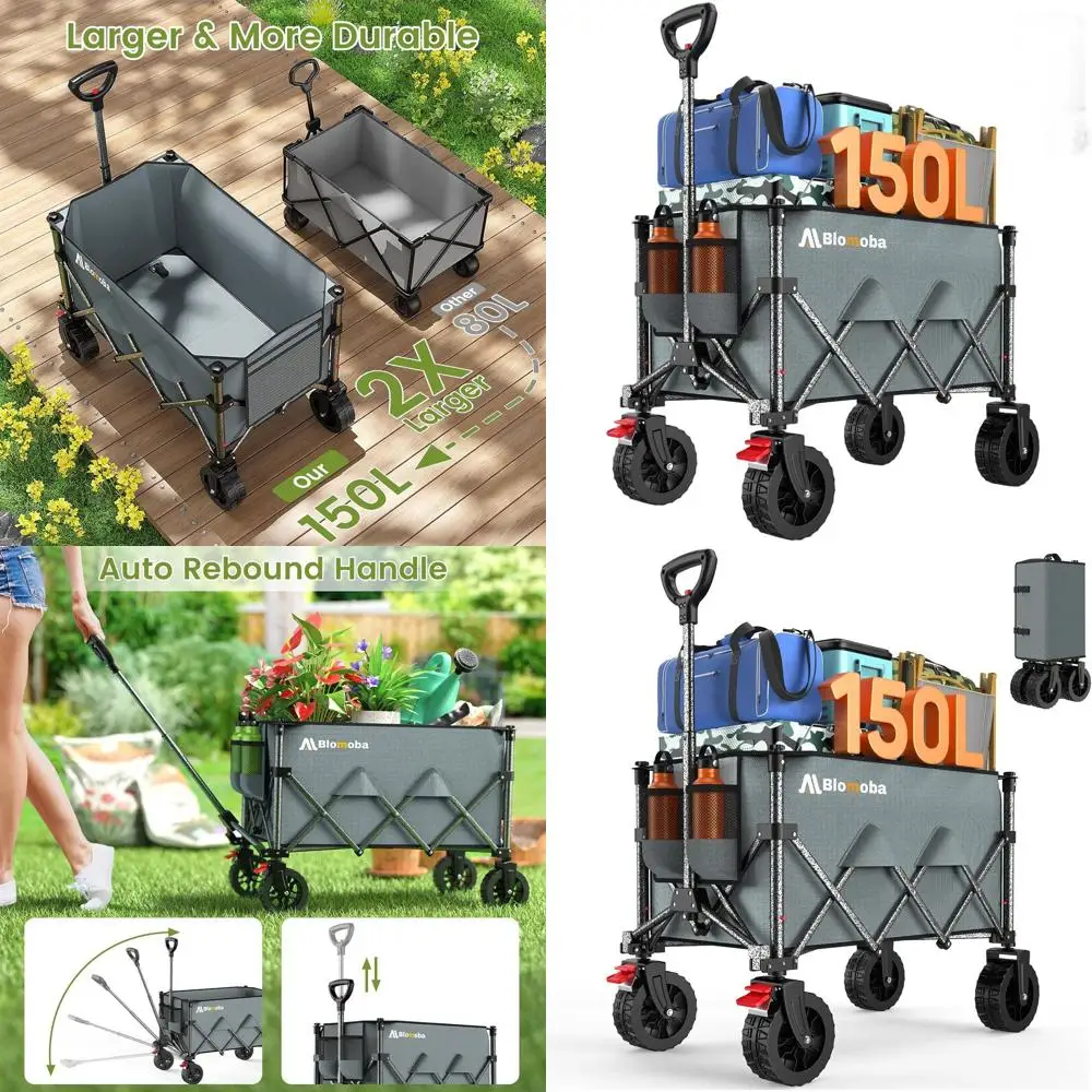 

Heavy-Duty 150L Collapsible Beach Wagon with Wide Wheels and Auto-Rebound Handle for Utility, Grocery, Gardening, Shopping, Camp