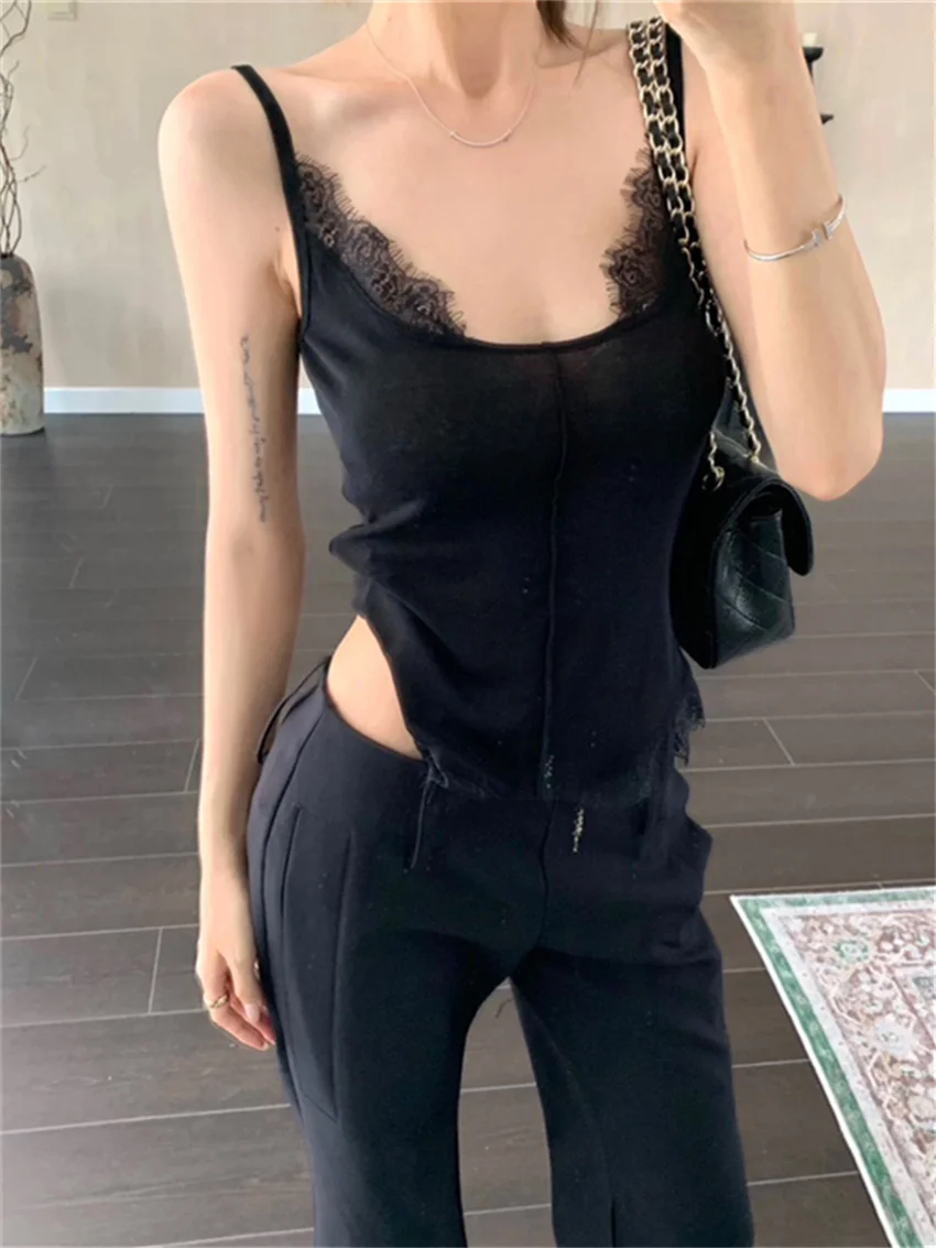 

PLAMTEE Slim Lace Tank Tops Women Sweet Sexy New Summer 2024 All Match Office Lady High Street Daily Chic Off Shoulders Camis