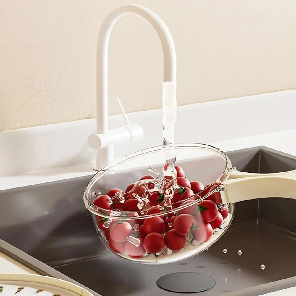 Fruit Washing Bowl Drain Basket Collapsible Handle Portable Basin Rotary Switch Kitchen Colander Bowl Set for Fruit Vegetable