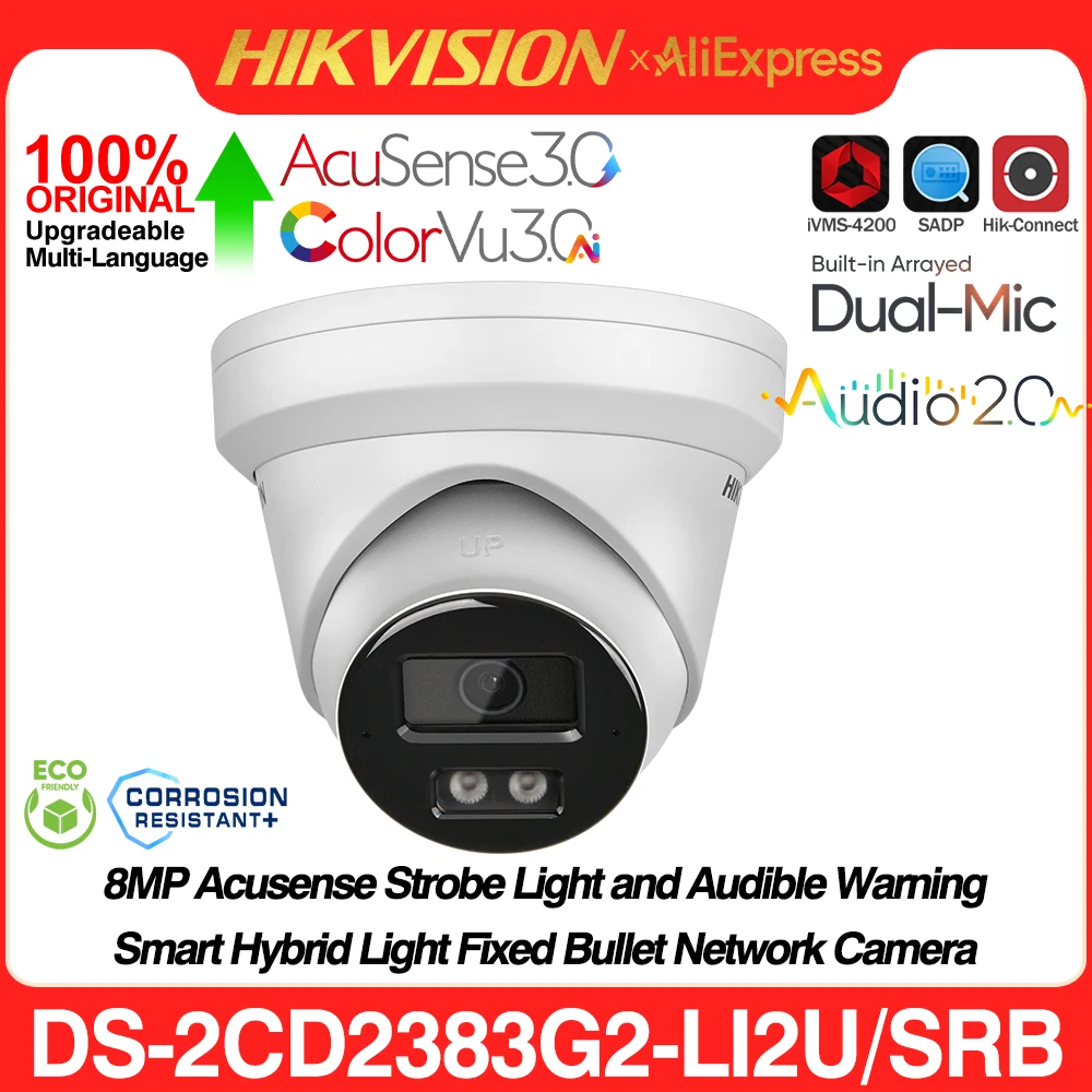 كاميرا Hikvision DS-2CD2383G2-LI2U/SRB 8MP IP كاميرا ذكية هجينة خفيفة وميكروفون مكبر صوت برج Acusense تحذير الضوء الأحمر والأزرق