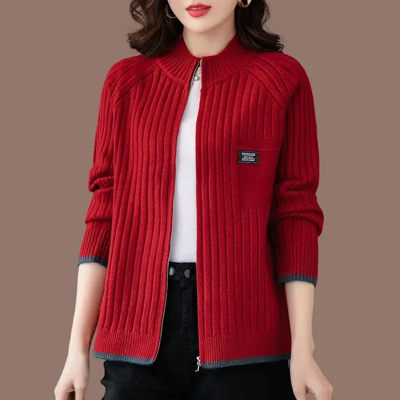 Simplicity Elegant Solid Office Lady Fashion Loose Casual Women\'s Clothing Zipper Screw Thread Long Sleeve Sweaters Cardigan