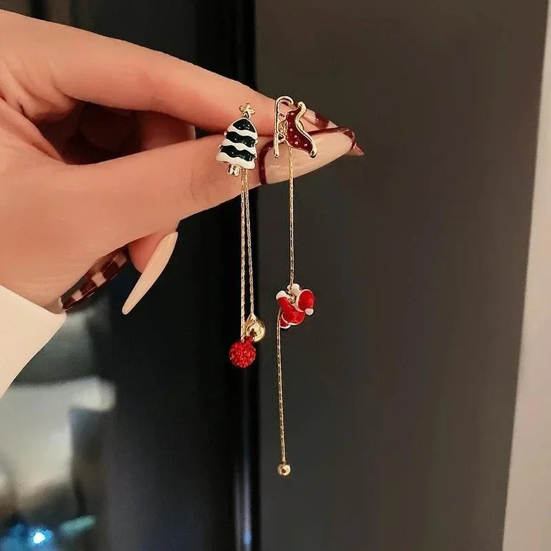 Moving Santa Claus Tassel Dangle Earrings for Women Christmas Tree Snowflake Asymmetric Long Chain Earring New Year Jewelry Gift