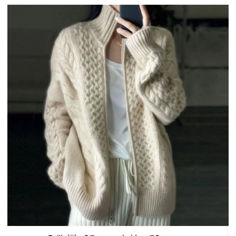 

Толстый кашемировый женский свитер с воротником на молнии, кардиган, свободная шерстяная вязаная куртка для ленивых