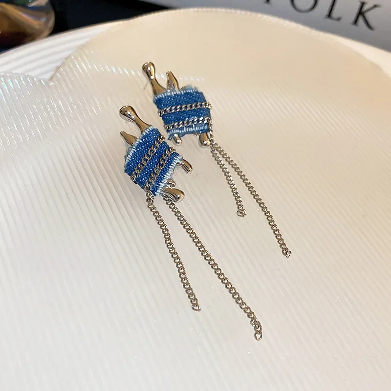 ALLNEWME Unusual Multiple Blue Denim Cloth Chain Tassel Earring for Women Silver Color Alloy C Shaped Geometric Dangle Earrings