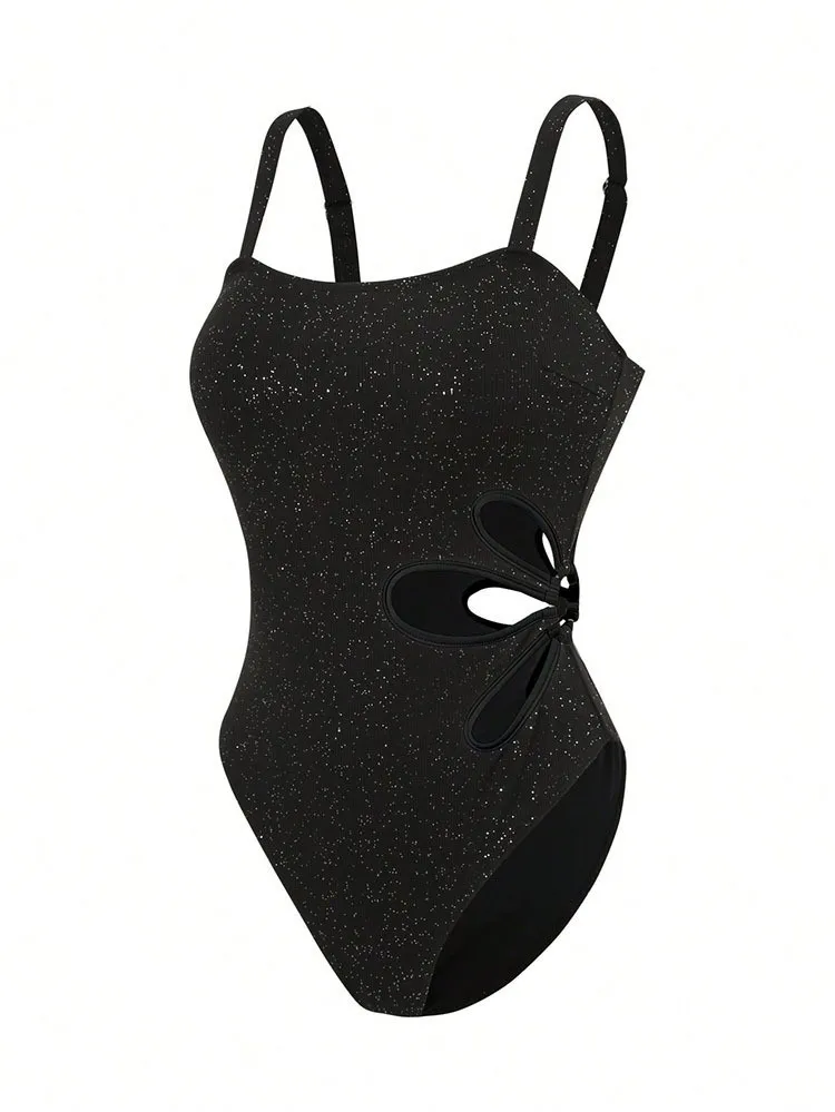 Cikini Textura Sparkle Cor Sólida Oco Flor Padrão Maiô de Uma Peça Verão Praia Férias para Mulher