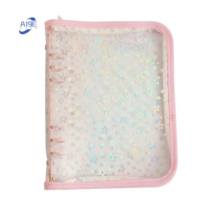 A19E-A5 Budget Binder Cover With Zipper, Glitter Stars A5 6 Ring Binder Planner, Clear PVC Refillable Notebook Shell