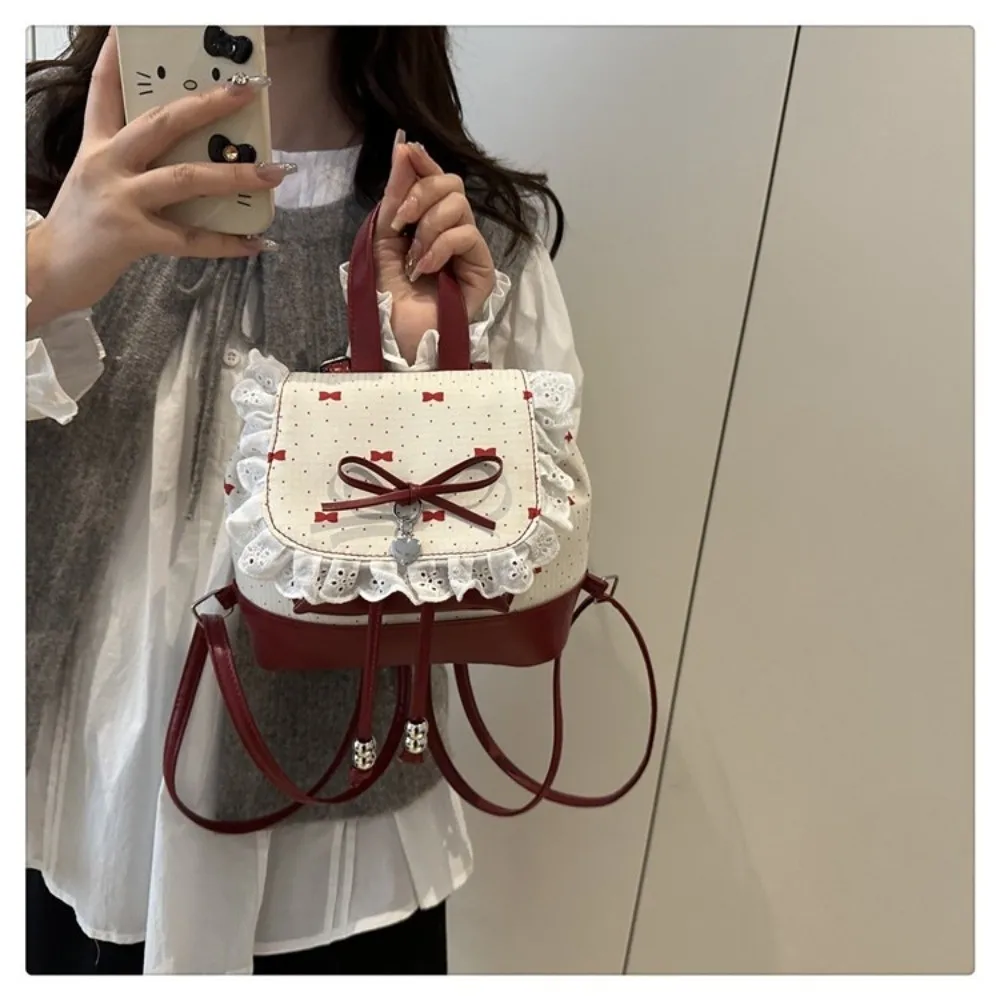 

Модный мини-рюкзак с кружевной отделкой и бантом-бабочкой, легкий женский рюкзак в горошек с милым бантом