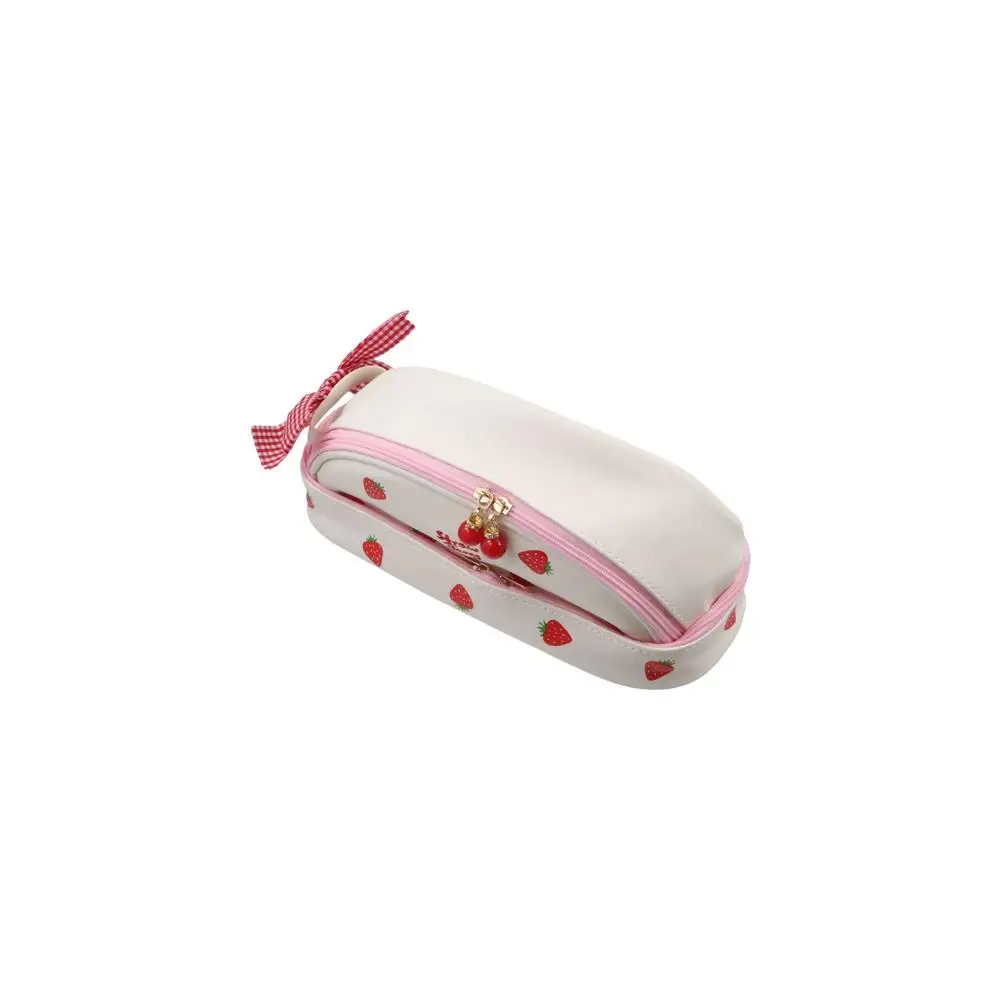 Portable PU Cherry Large Capacity Strawberry Double-Layer Pencil Cases Student Stationery Pencil Bag Pencil Pouch