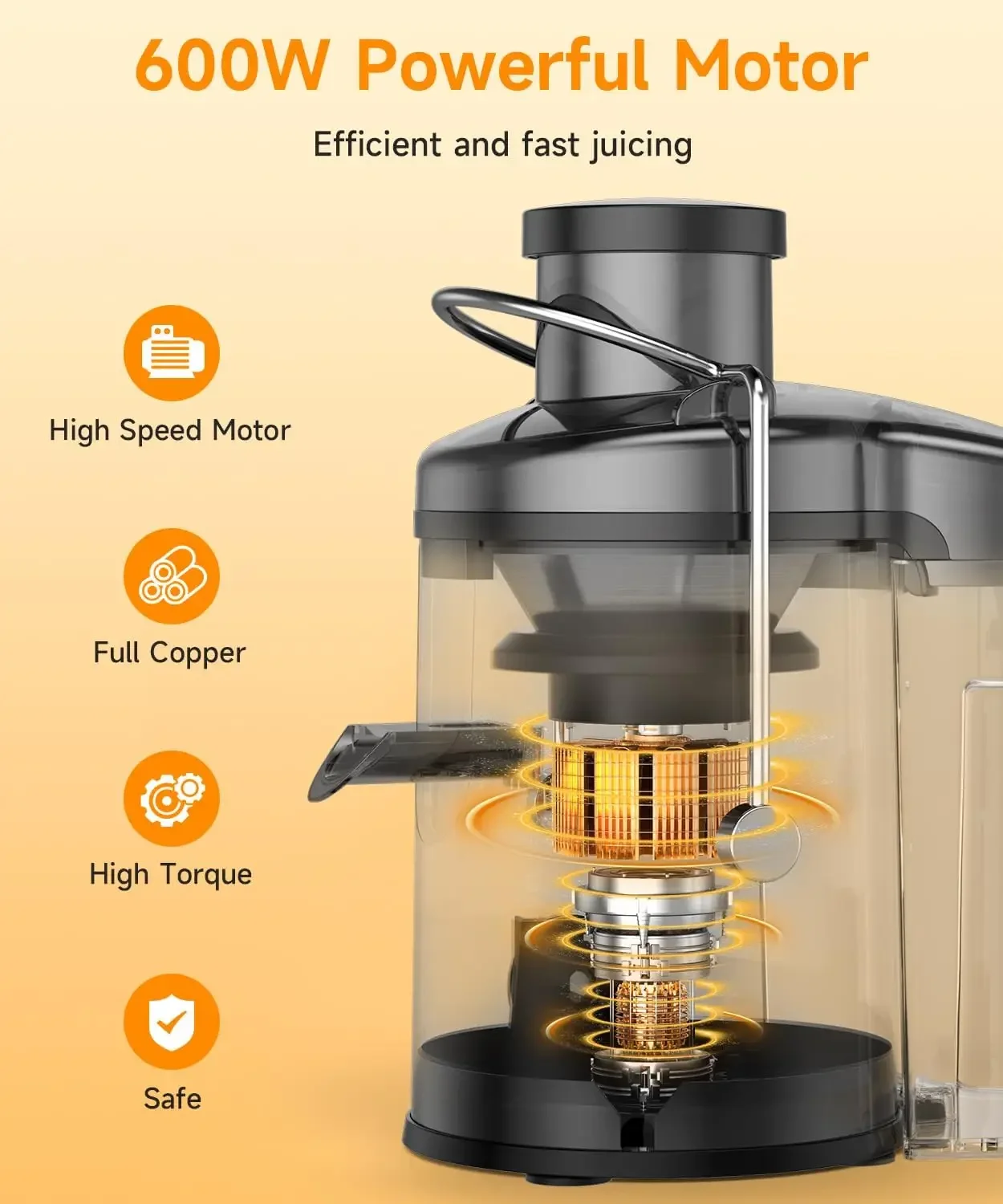 600W Krachtige Juicer Machine Met 3 Inch Brede Parachute Voor Hele Vruchten, Hoge Opbrengst Sapcentrifuge Met 3 Snelheden, Gemakkelijk Schoon Te Maken