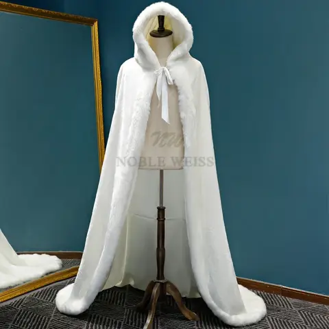 Long Winter Bridal Cape with Faux Fur Noble Weiss
