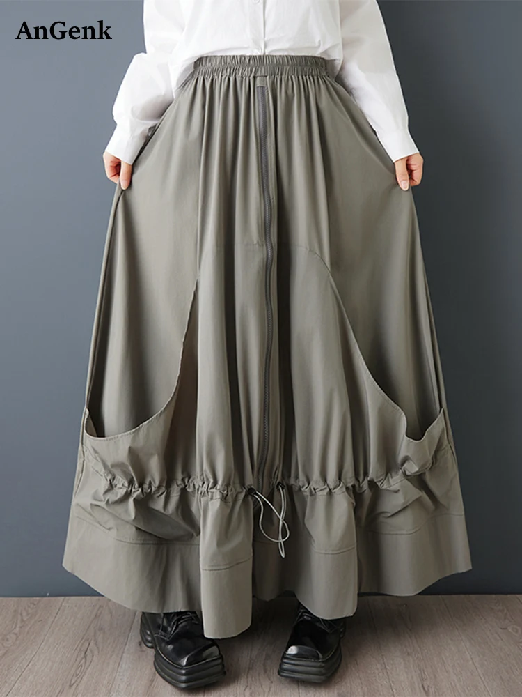 

Gray Vintage Drawstring Oversized High Waist Skirt Women New Zipper Loose Casual Long Skirts Fashion Clothing Sping Autumn 2026